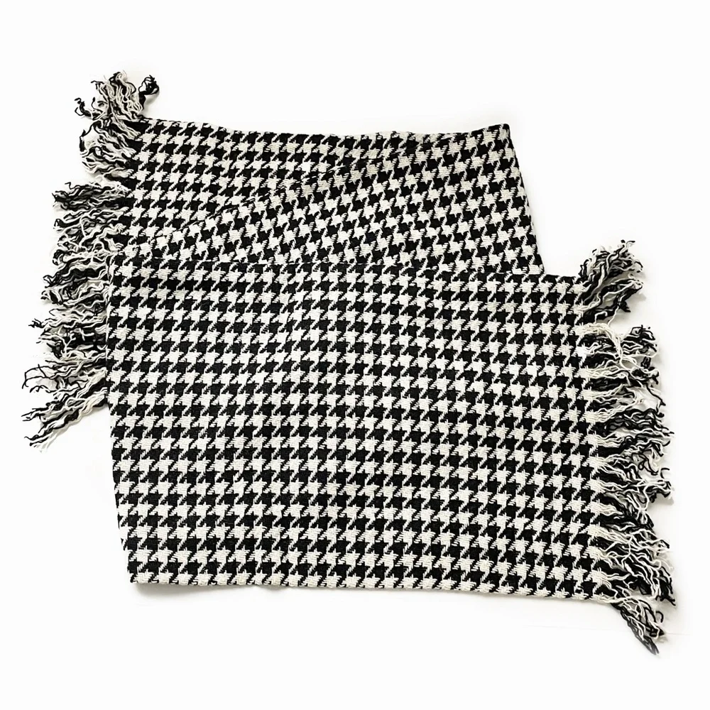 Vintage Adolfo Hat & Scarf Set 2pc Black & White Houndstooth Knit Fringe Rare